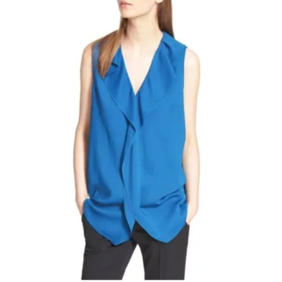 NEW Lanvin Ruffle V Neck Sleeveless Blouse in Blue Sz. M - Picture 3 of 4